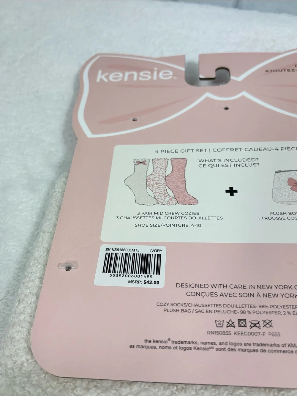 kensie Cream Cosmetic Pouch with Pink Bow & Blush 3 Pair Sock Set
